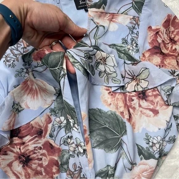 Bardot x Revolve Cutout Floral Frill Long Bell Sleeve Mini Dress in Blue Pink 6 - Picture 6 of 15